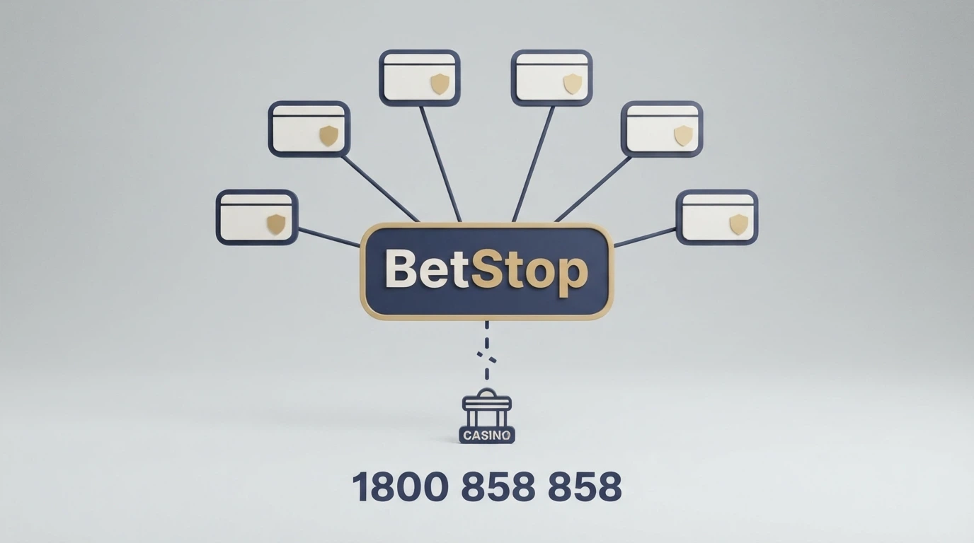An infographic showing the BetStop self-exclusion register connected to Australian-licensed operators but disconnected from offshore casinos, with the helpline number visible
