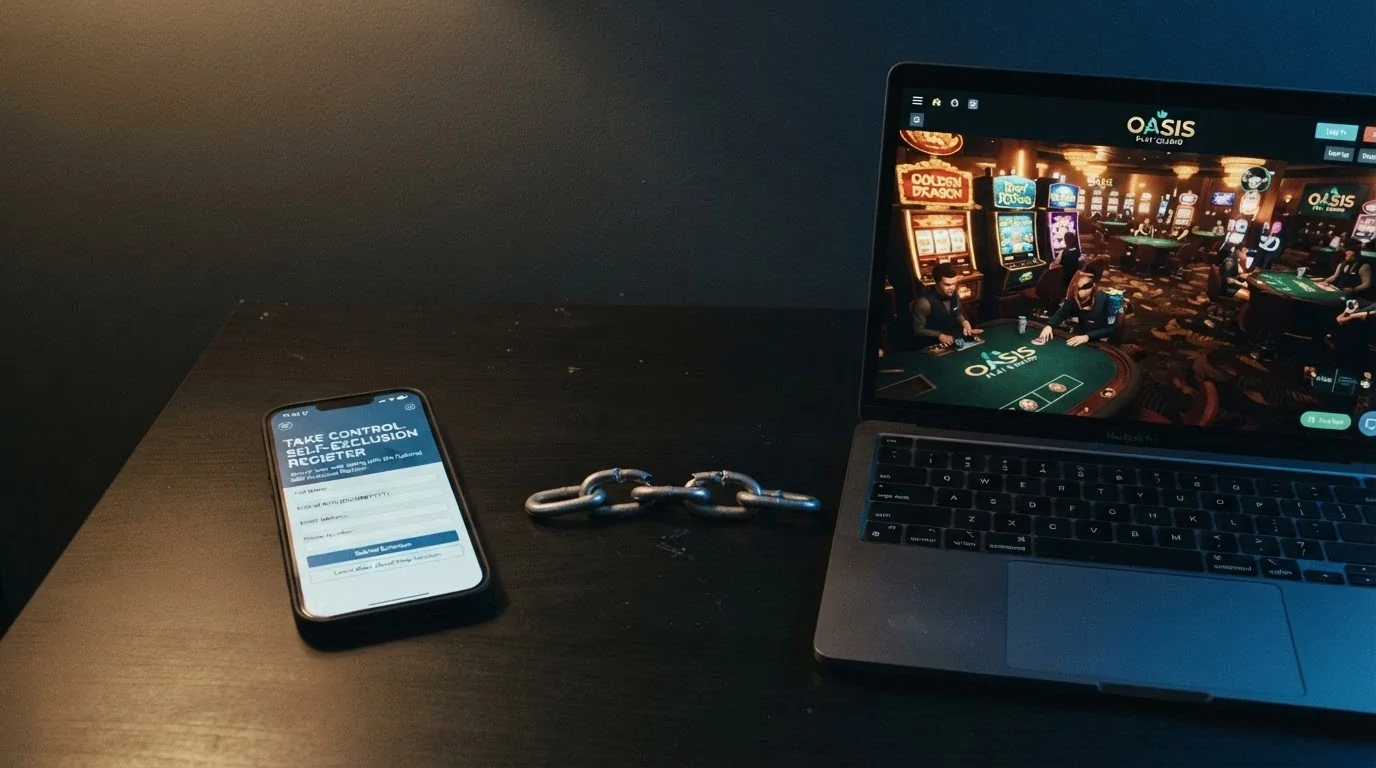A BetStop registration screen on a smartphone beside a glowing offshore casino lobby, with a broken chain link between them