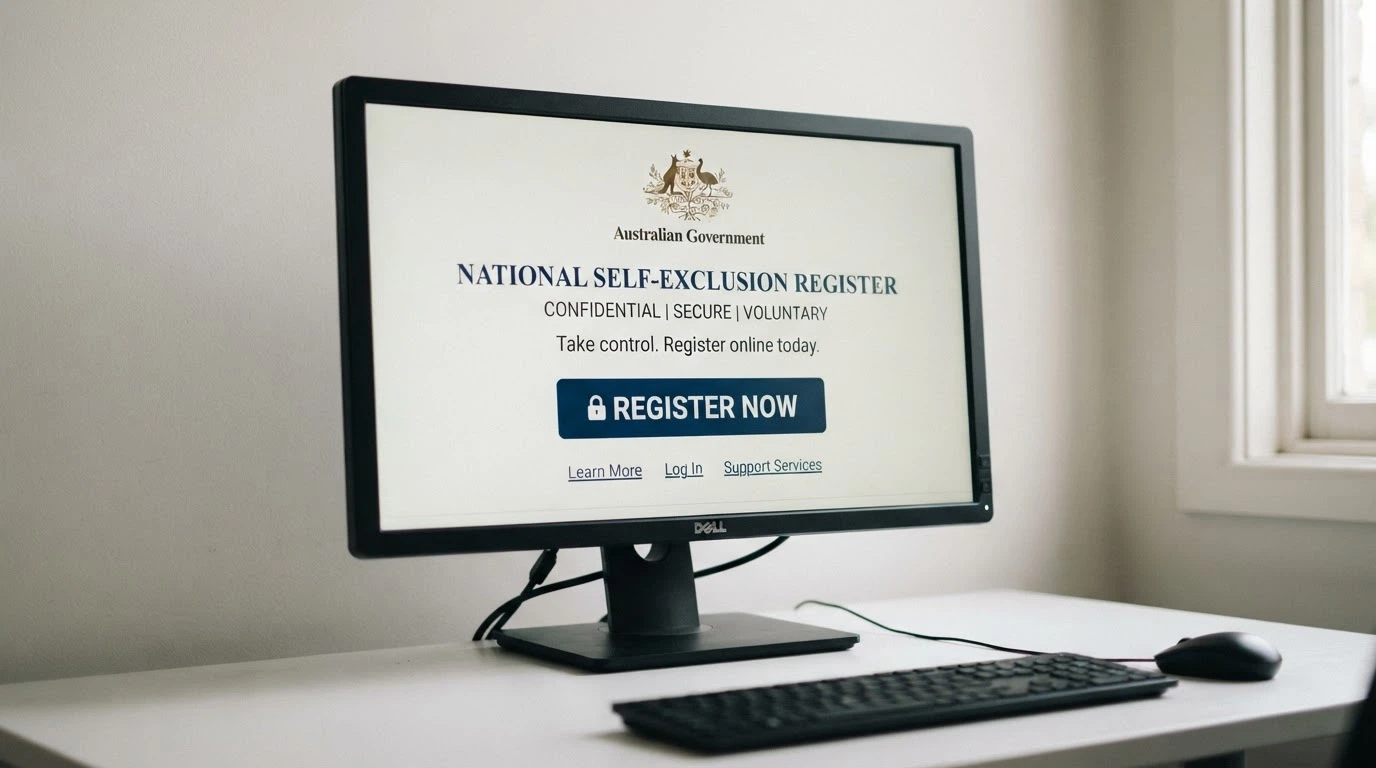 The BetStop National Self-Exclusion Register homepage on a desktop screen, showing the registration button and the official Australian Government crest