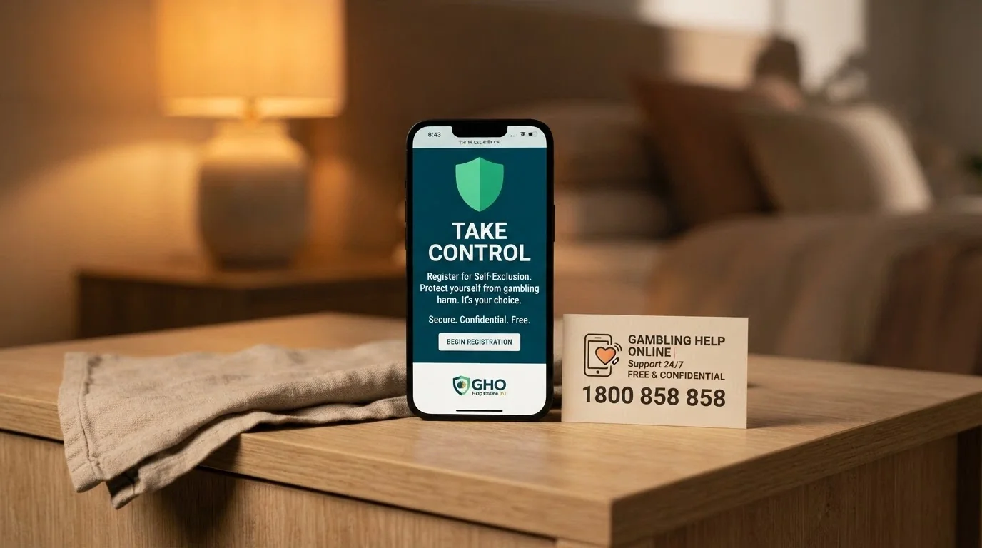 A mobile screen showing the BetStop national self-exclusion register landing page beside a contact card for the National Gambling Helpline 1800 858 858