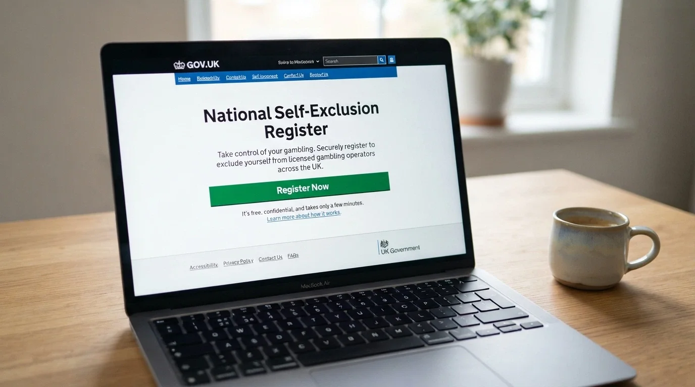 The BetStop.gov.au homepage on a laptop screen, with the “Register Now” button and “National Self-Exclusion Register” heading visible