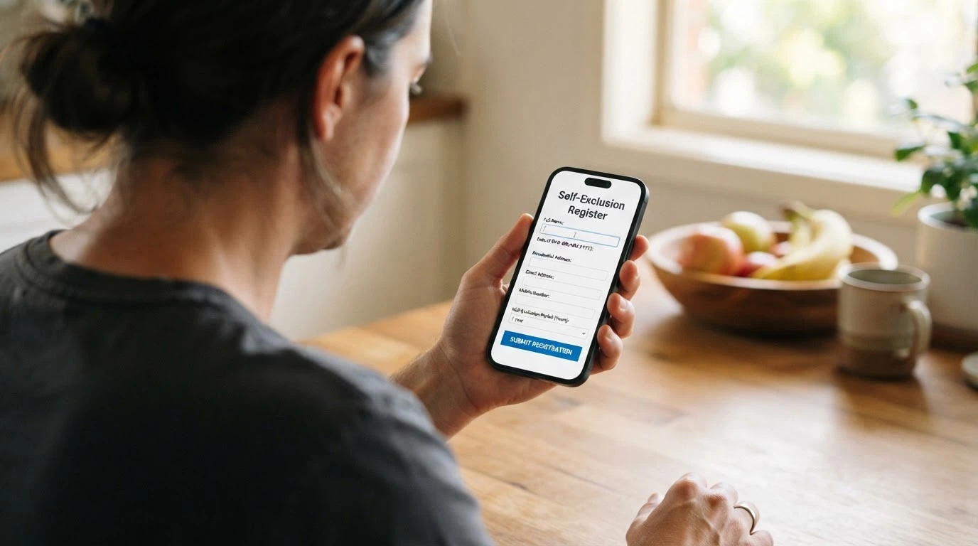 BetStop National Self-Exclusion Register website homepage displayed on a smartphone held in a hand