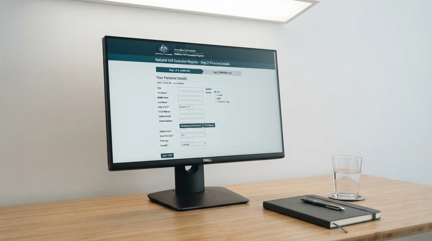 A computer screen showing the BetStop registration page at betstop.gov.au, with a partially filled registration form and a progress indicator reading “Step 2 of 3”