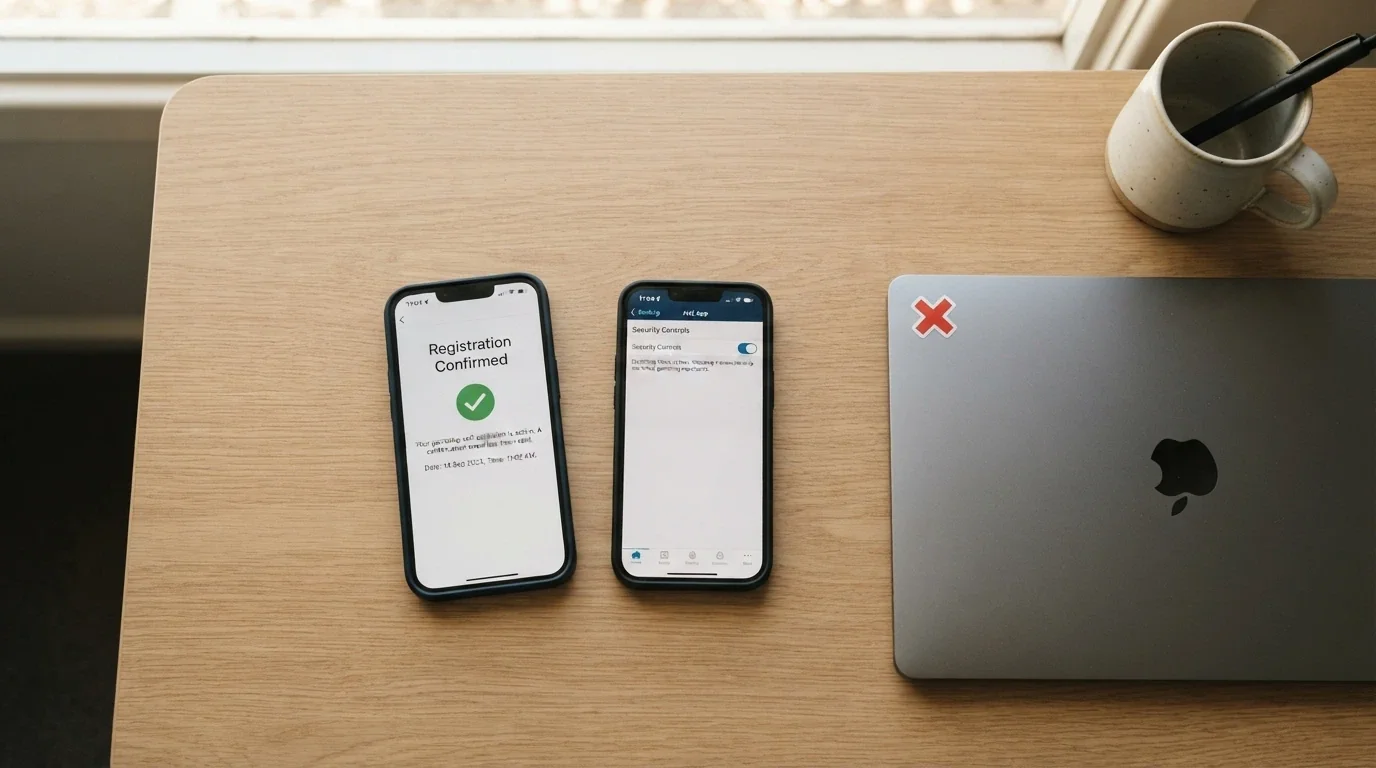 A BetStop registration confirmation screen on a smartphone beside a banking app showing a gambling block toggle switched on, with a third panel showing an offshore casino login screen marked with a red cross.