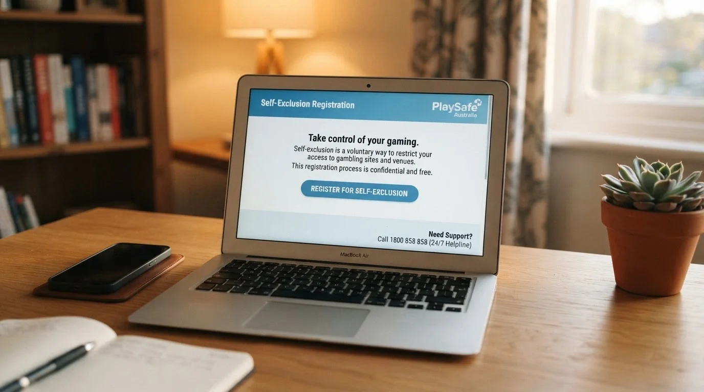 A screen showing the BetStop.gov.au landing page with the self-exclusion registration button highlighted, a helpline number visible in the corner