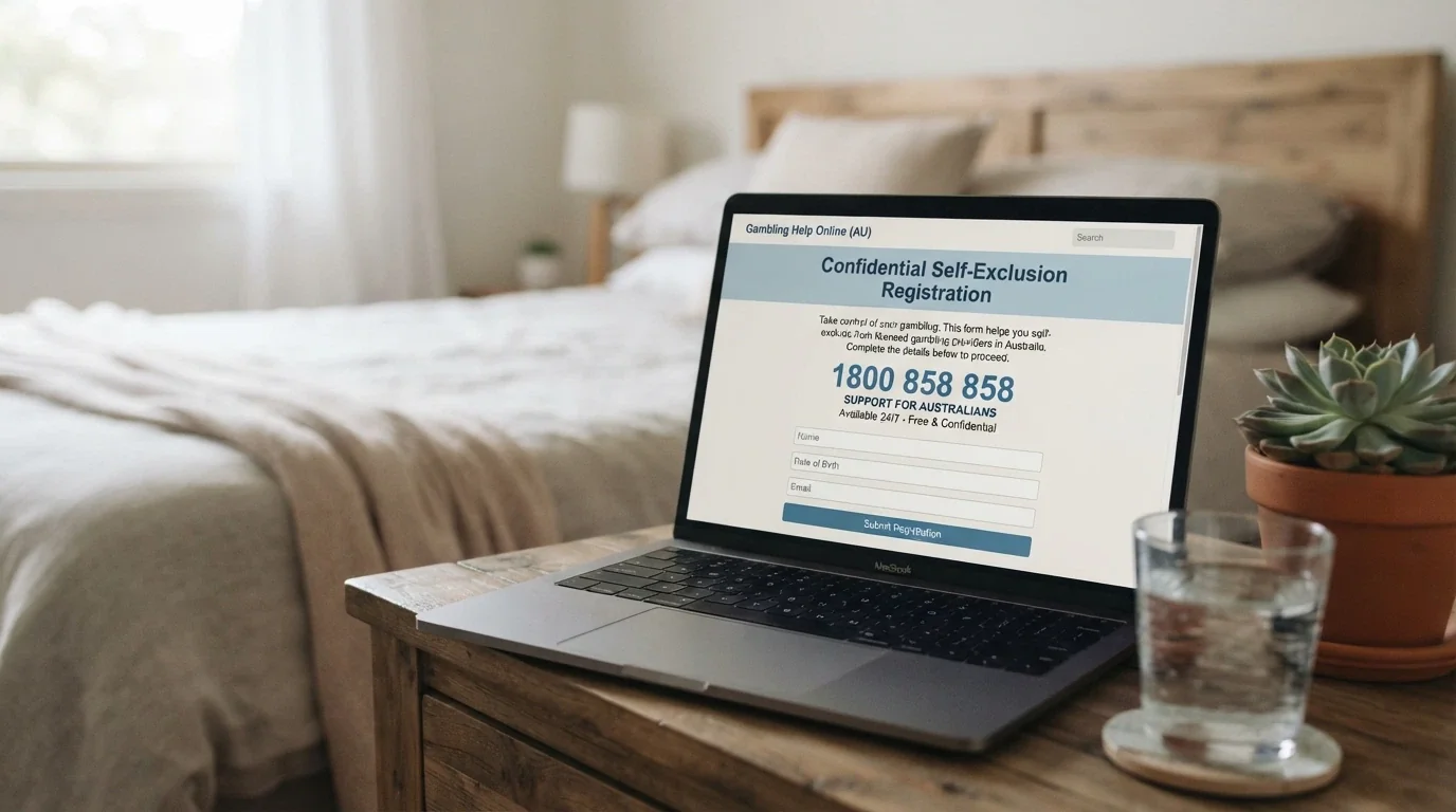 A calm-toned help-resource screen showing a self-exclusion registration form and a 24/7 helpline number in large type