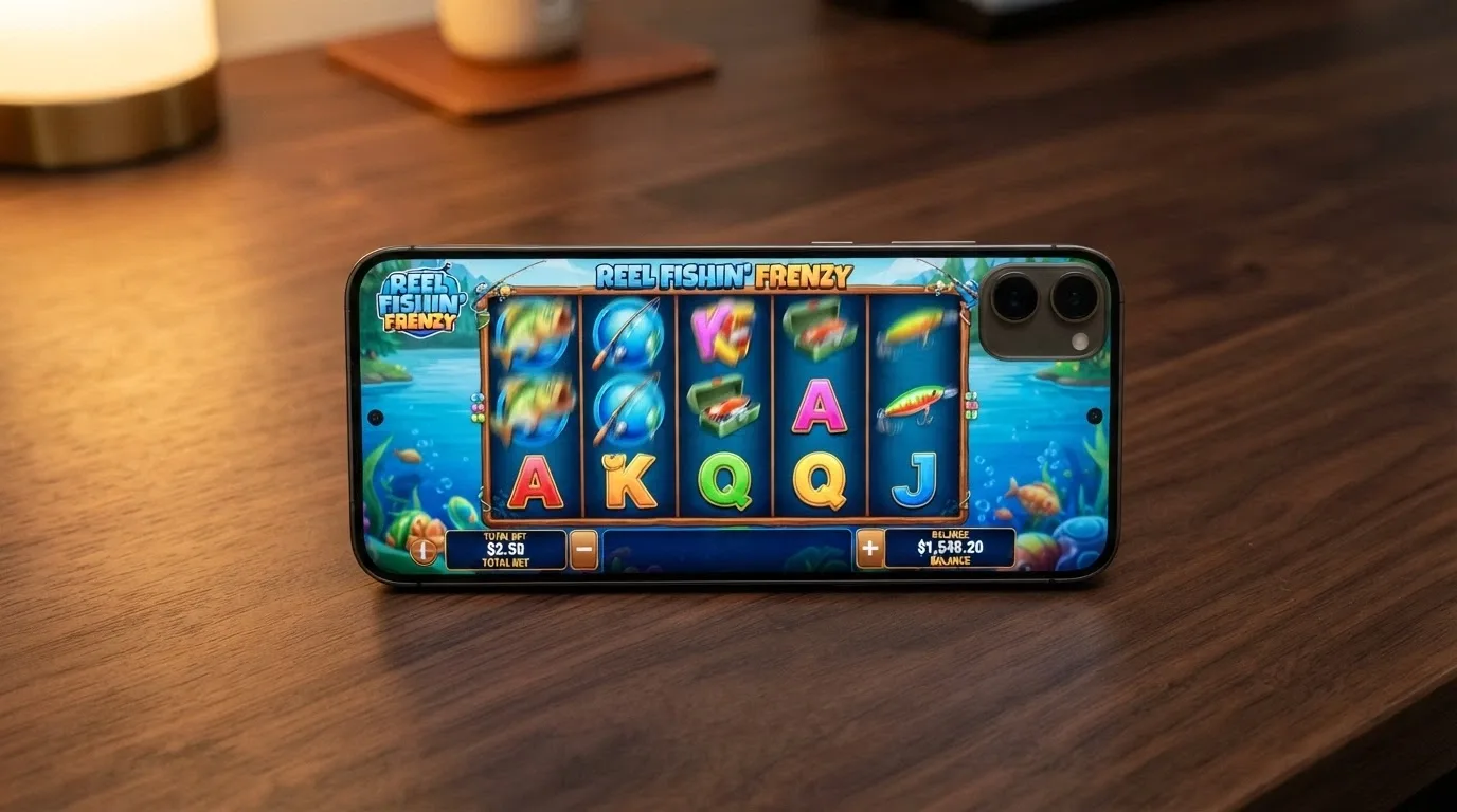 A smartphone in landscape orientation showing the Big Bass Bonanza slot reels mid-spin, with the bet amount and balance visible on screen