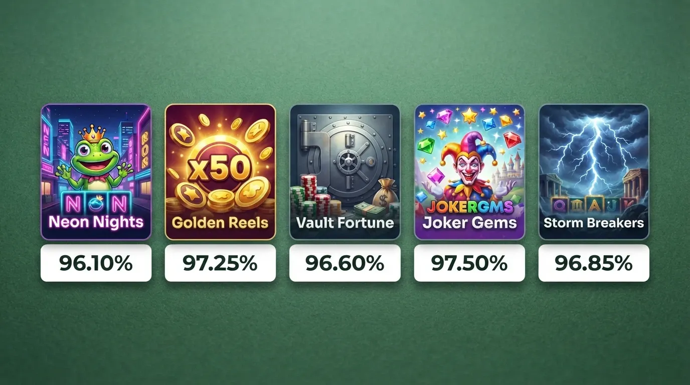 A grid of five pokie title cards — Elvis Frog in Vegas, Wild Cash x9990, Cash Bandits 2, Joker's Jewels Cash, Thunder Strike Lightning — with their RTP percentages displayed beneath each title