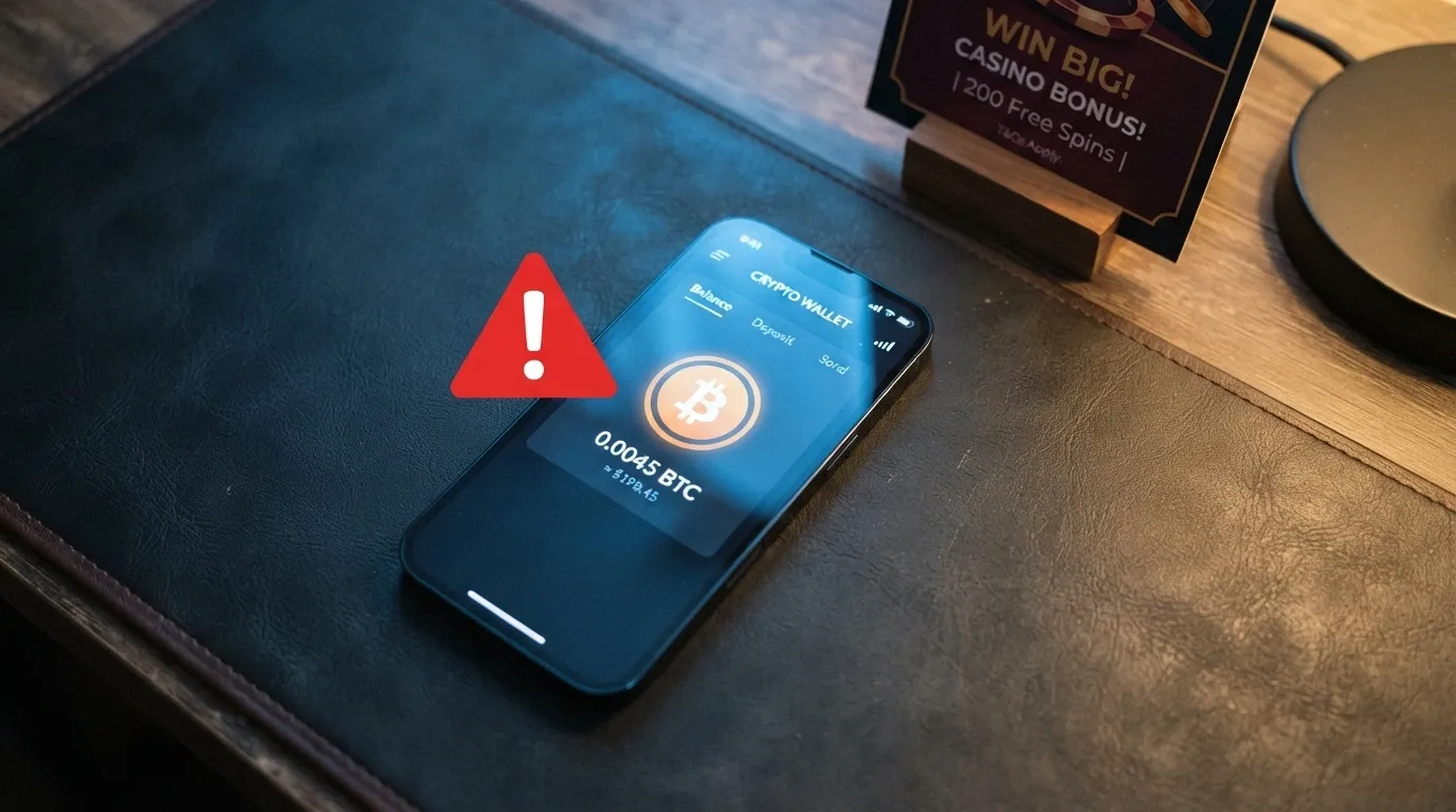 A crypto wallet interface beside a casino free-spins promotion banner, with a warning symbol overlaid