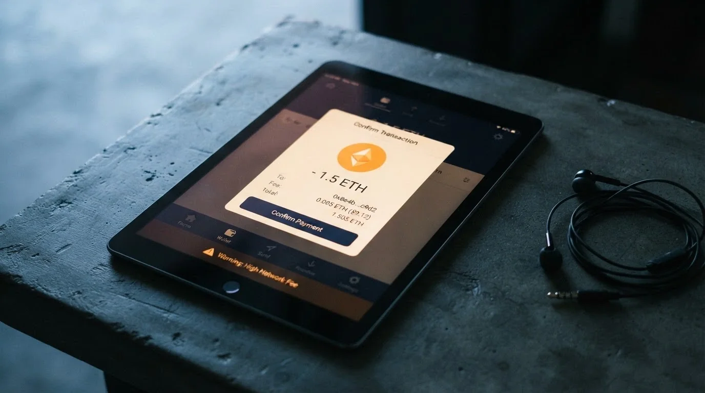 A cryptocurrency wallet interface sending Bitcoin to a casino address, with a warning icon overlaying the transaction