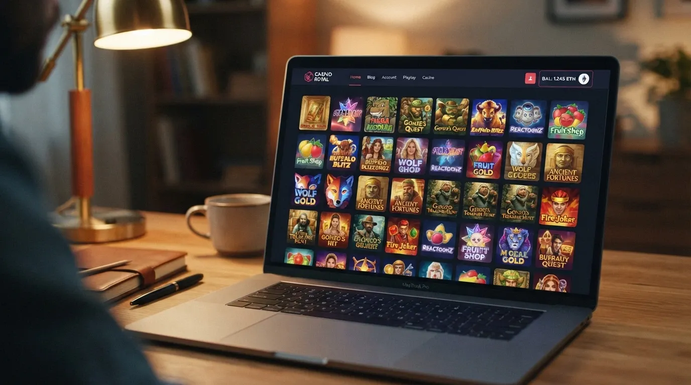 A browser window showing a grid of pokies thumbnails inside an online casino lobby, with a crypto balance displayed in the top corner