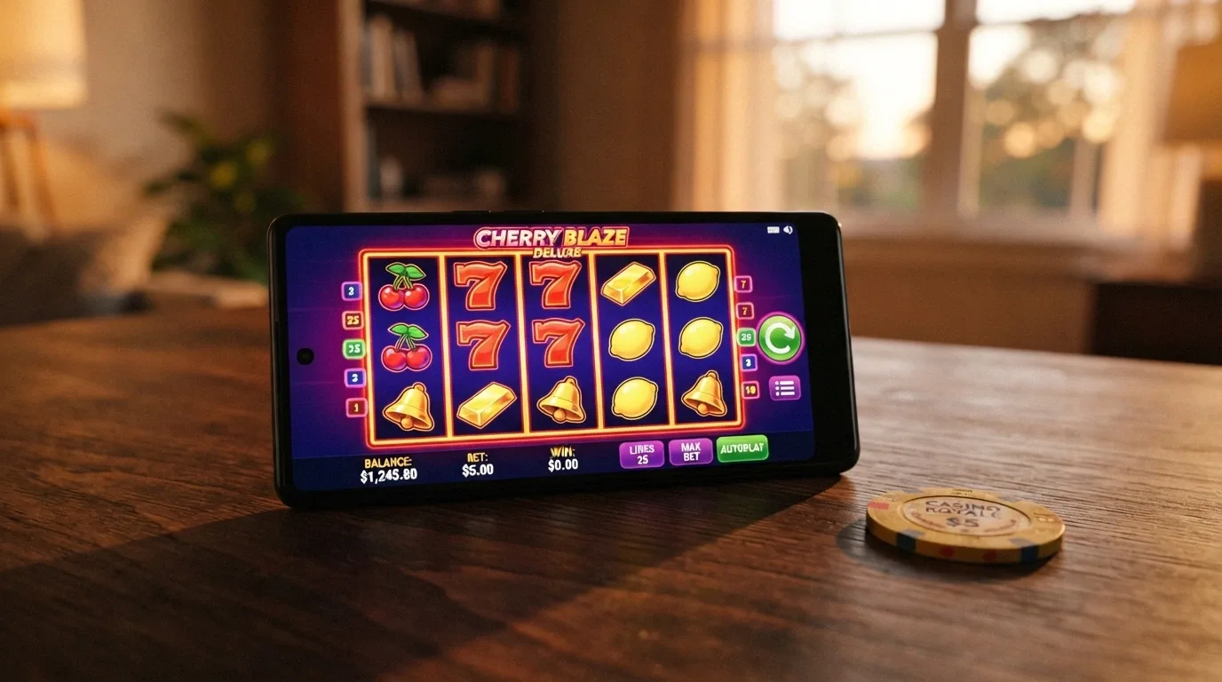 A smartphone in landscape orientation displaying a colourful online pokie grid with spinning reels and a bitcoin balance in the top-right corner