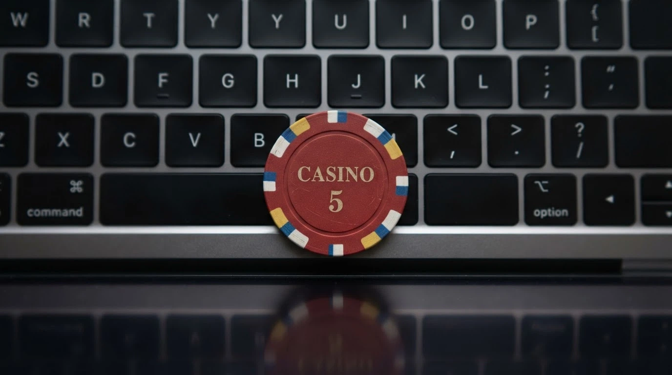 A single poker chip with a Bitcoin logo resting on a keyboard, photographed from above with shallow depth of field
