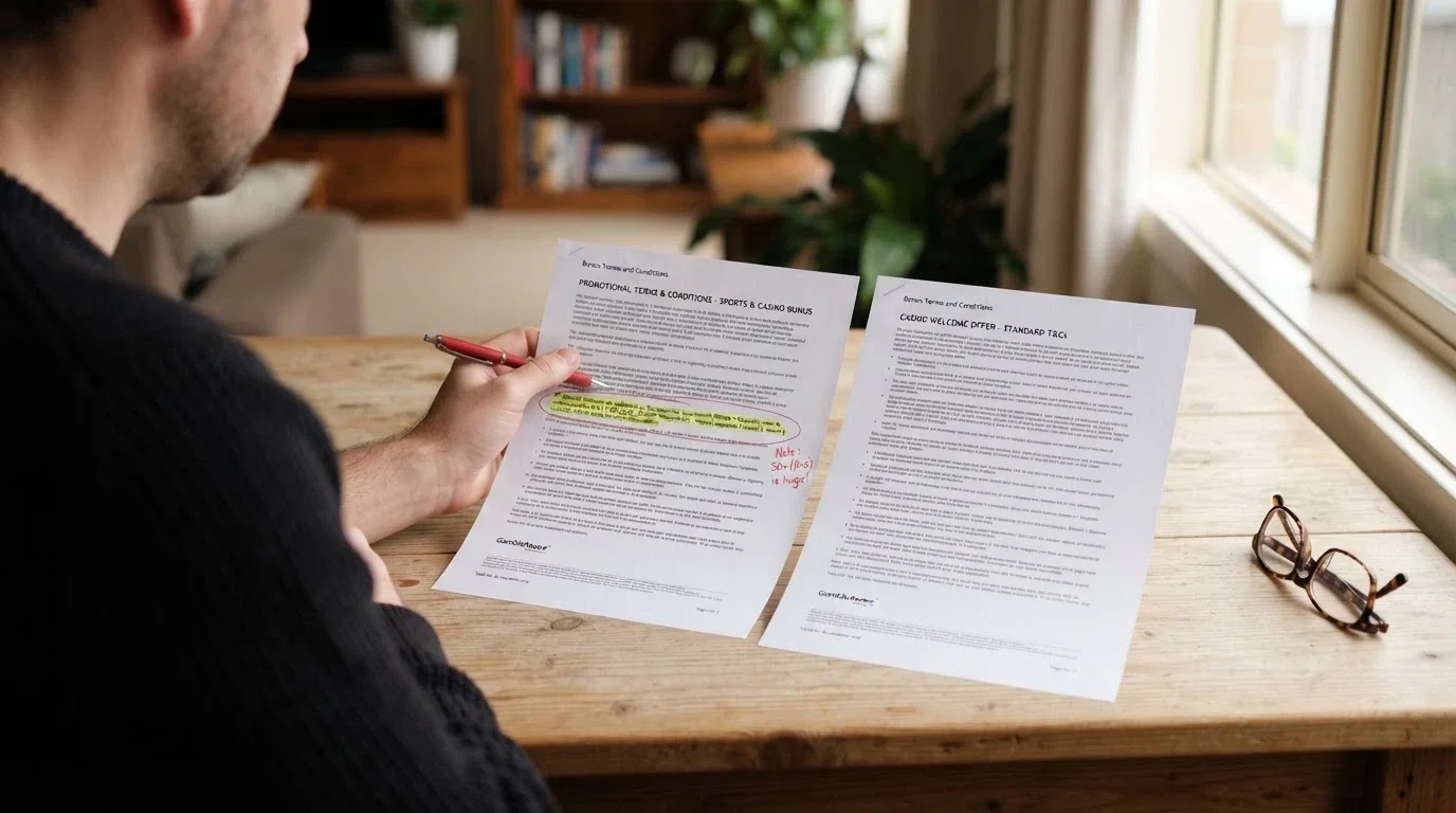 A side-by-side comparison of two bonus terms documents, one with the wagering clause highlighted and one without