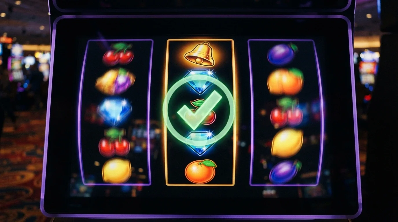 A grid of colourful pokies-reel close-ups — Sweet Bonanza fruit symbols, Book of Dead explorer icon, Big Bass Bonanza fish scatter — with an eligibility checkmark overlay