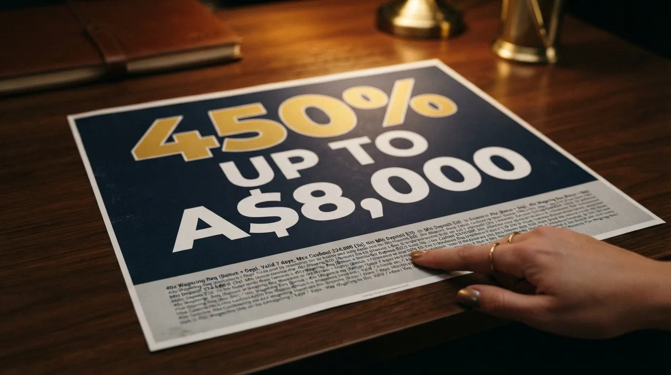A welcome-bonus banner with the percentage and cap in huge text, and the wagering requirement, validity and max cashout in barely visible fine print below