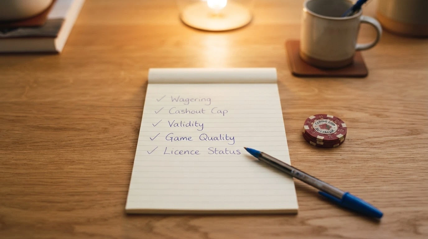 A notepad-style layout showing the five ranking criteria — wagering, cashout cap, validity, game quality and licence status — with tick marks beside each