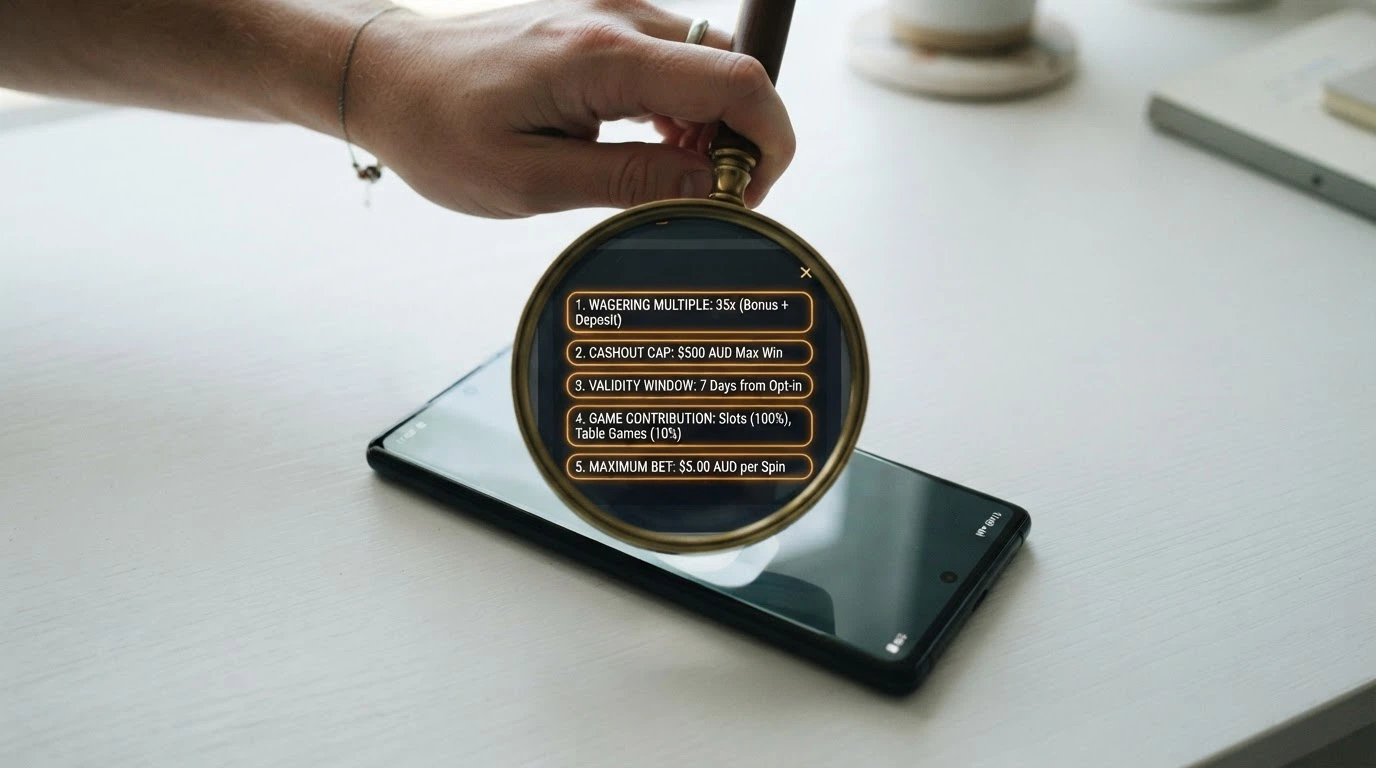 A magnifying glass over a bonus terms pop-up, with five key fields (wagering, cashout cap, validity, game contribution, max bet) highlighted