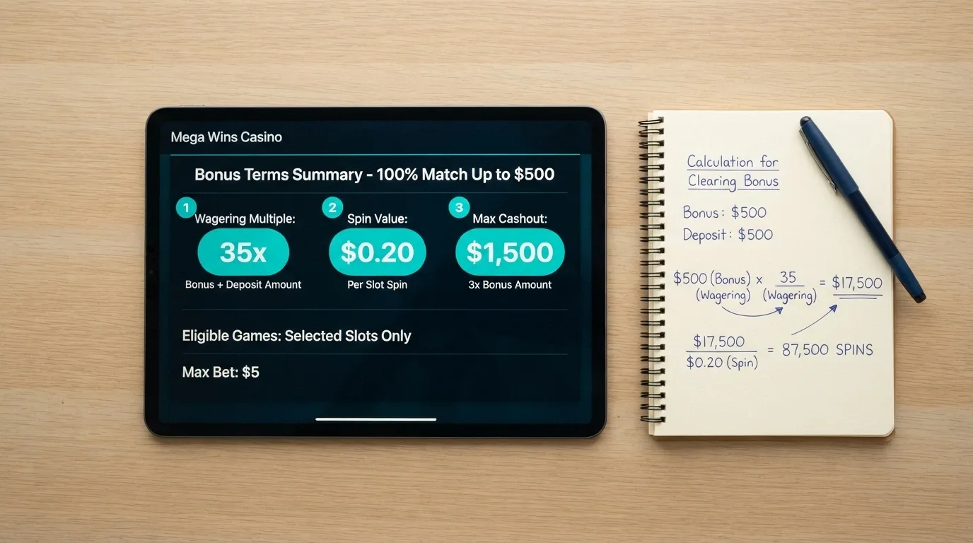An iPad displaying a bonus terms summary — wagering multiple, spin value and cashout cap highlighted — next to a simplified calculation showing the real cost of clearing the bonus