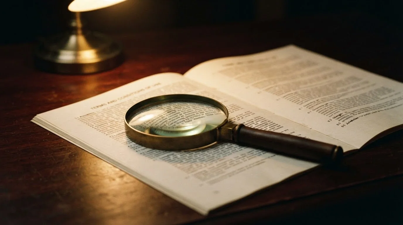 A magnifying glass held over a casino bonus terms and conditions page, with wagering requirements and max cashout clauses highlighted