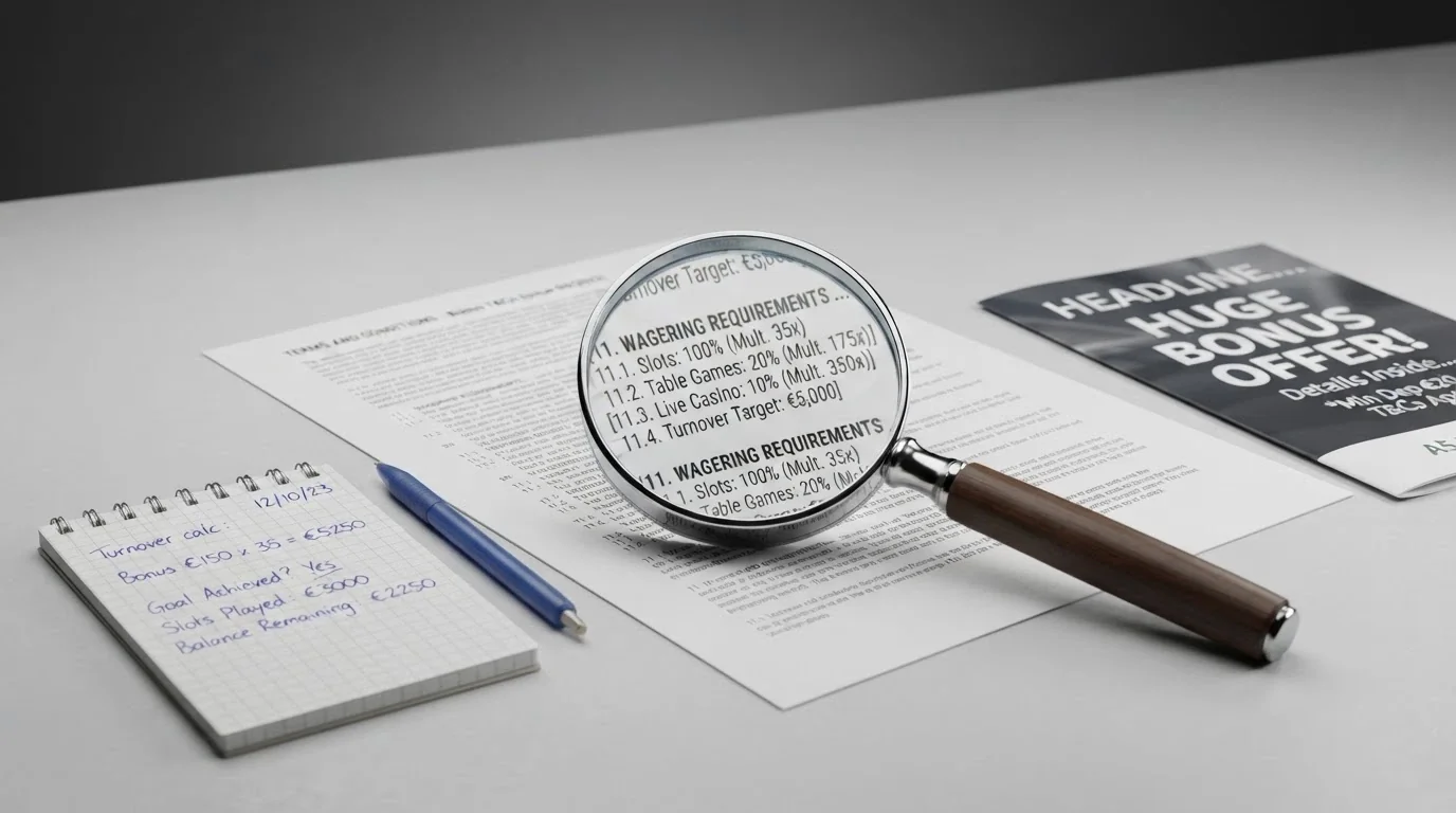 A welcome-bonus advertisement beside a terms-and-conditions document under a magnifying glass, with a calculator showing turnover figures