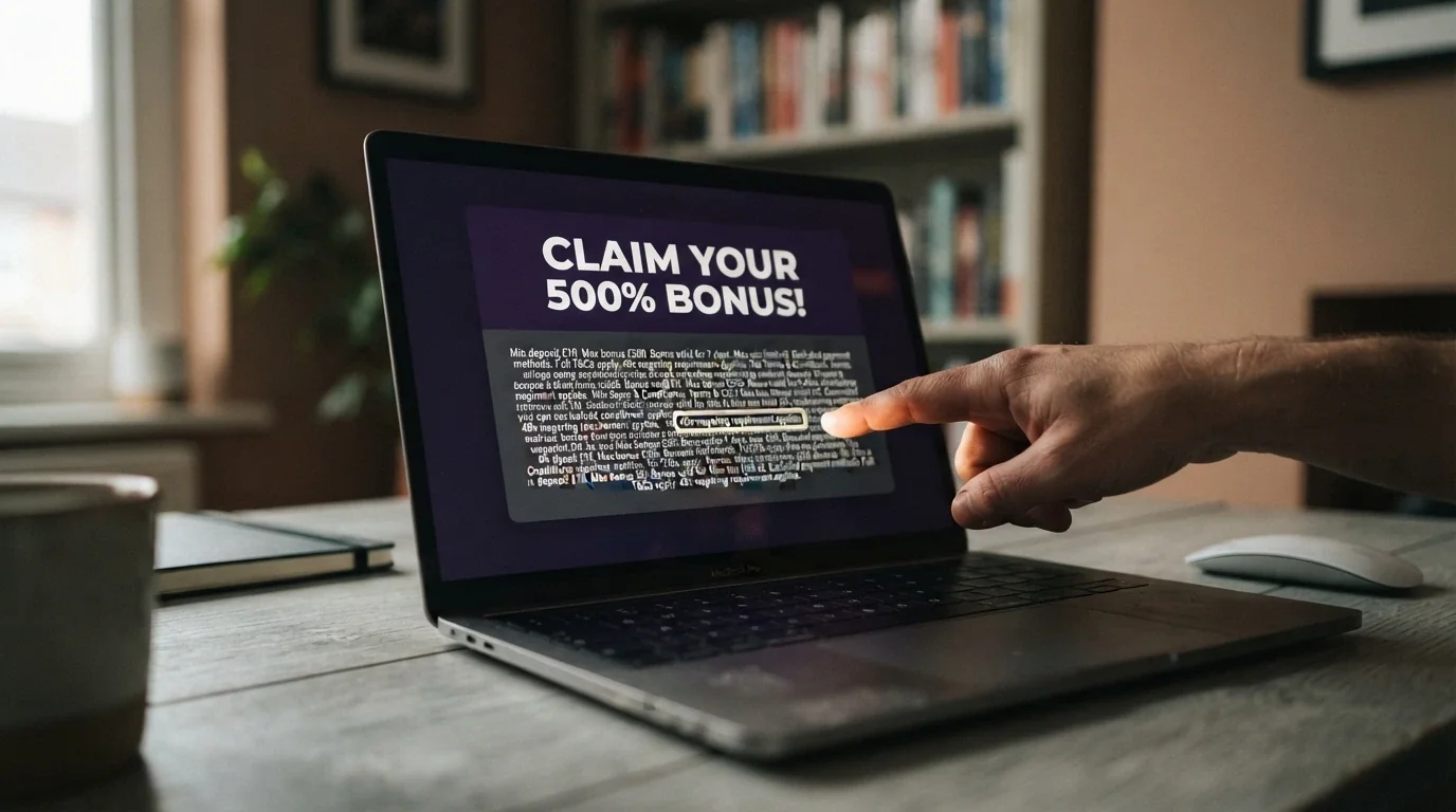 A casino welcome-bonus popup with the headline figure in large type and the wagering-requirement terms highlighted in a box below it