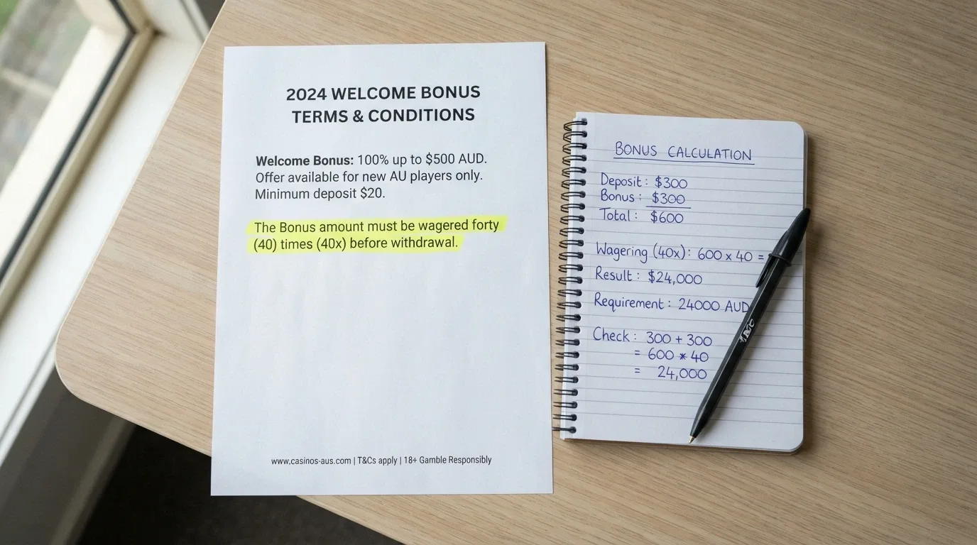 A casino bonus terms document with the wagering-requirement clause highlighted and a calculator beside it