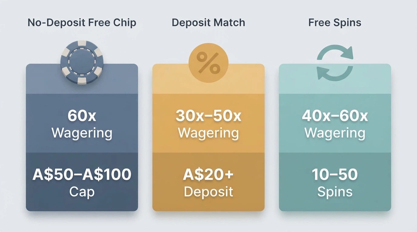 Three columns comparing a no-deposit free chip, a deposit-match bonus and a free-spins offer, each with a wagering-multiple label and a cashout-cap figure