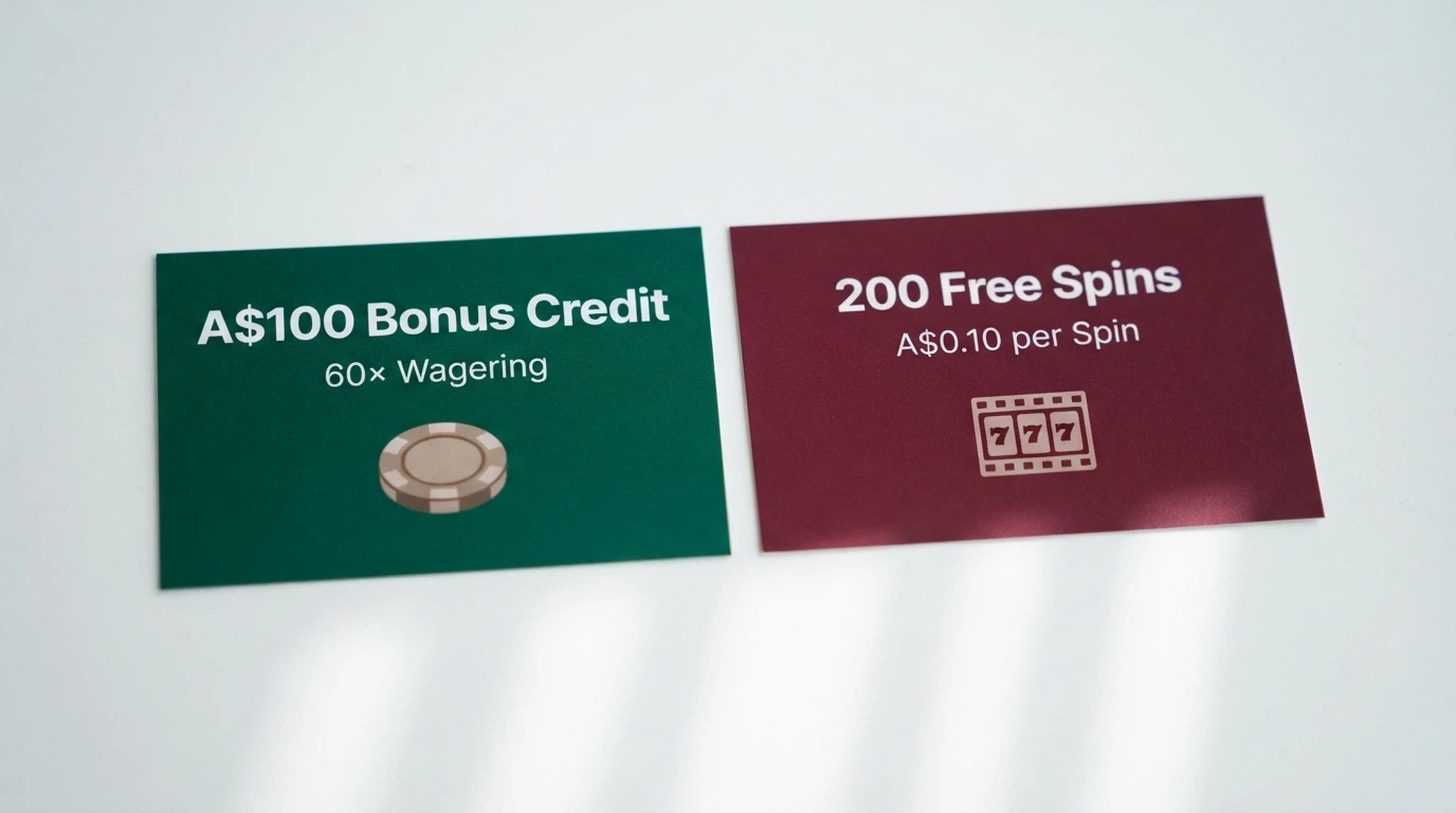 Two bonus offer cards placed side by side — one labelled “A$100 Cash Chip — 60× Wagering” and the other “200 Free Spins — A$0.10 per Spin”