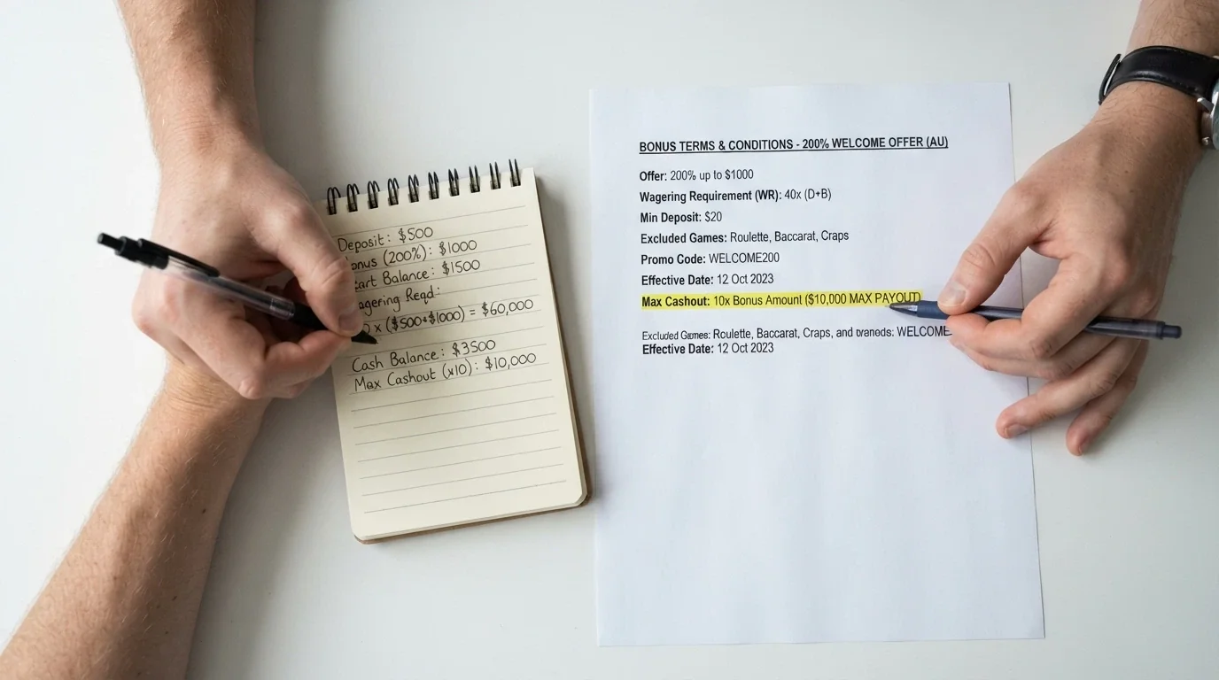 A close-up of bonus terms and conditions text on a casino promotions page, with a pen pointing to the wagering requirement line and a calculator showing a multiplication