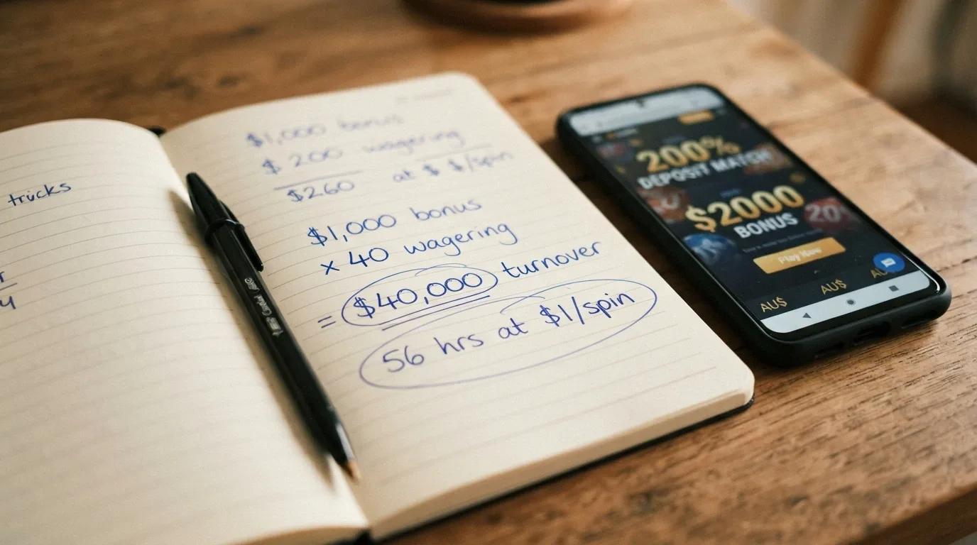 Calculator, notepad and pen showing bonus maths: “$1,000 bonus × 40x wagering = $40,000 turnover required” written beside a casino welcome-offer screenshot