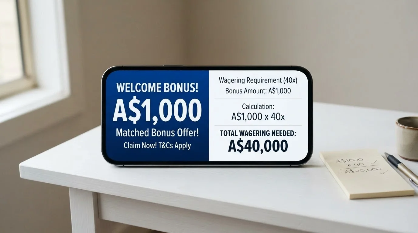 A smartphone screen split between a casino welcome-offer banner showing A$1,000 and a calculator display breaking down the A$40,000 turnover requirement