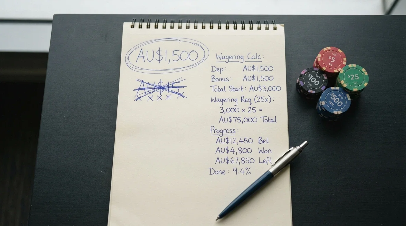 A close-up of a calculator or a notepad with handwritten maths — a large AU$1,500 bonus figure on one side and a much smaller number beneath it after wagering is applied, crossed-out zeros visible