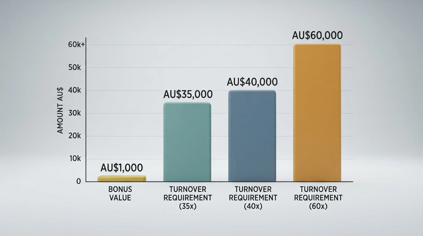 A stacked-bar chart showing a bonus headline value (A$1,000) next to the turnover required to clear it at 35x, 40x and 60x wagering, the bars dwarfing the bonus figure
