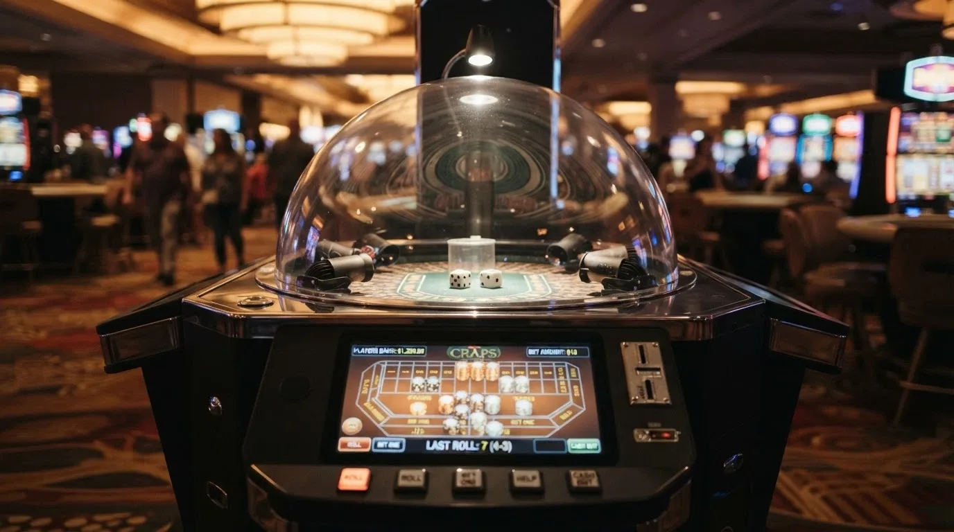 A bubble-craps machine in a casino setting with its vibrating dome, touchscreen bet interface and digital dice display visible