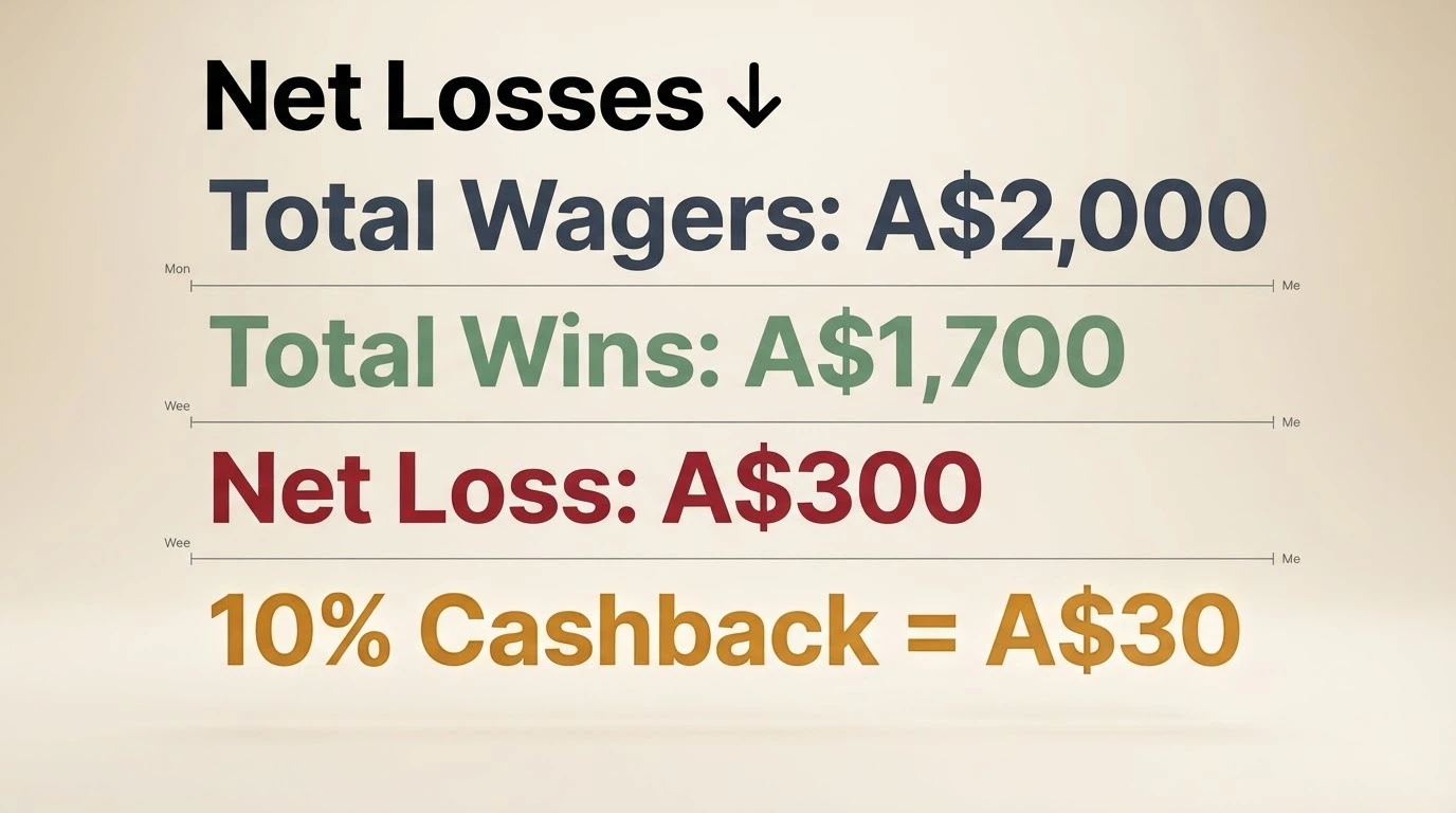 A diagram showing how net losses are calculated — total wagers minus total wins over a weekly period, with the cashback percentage applied to the difference
