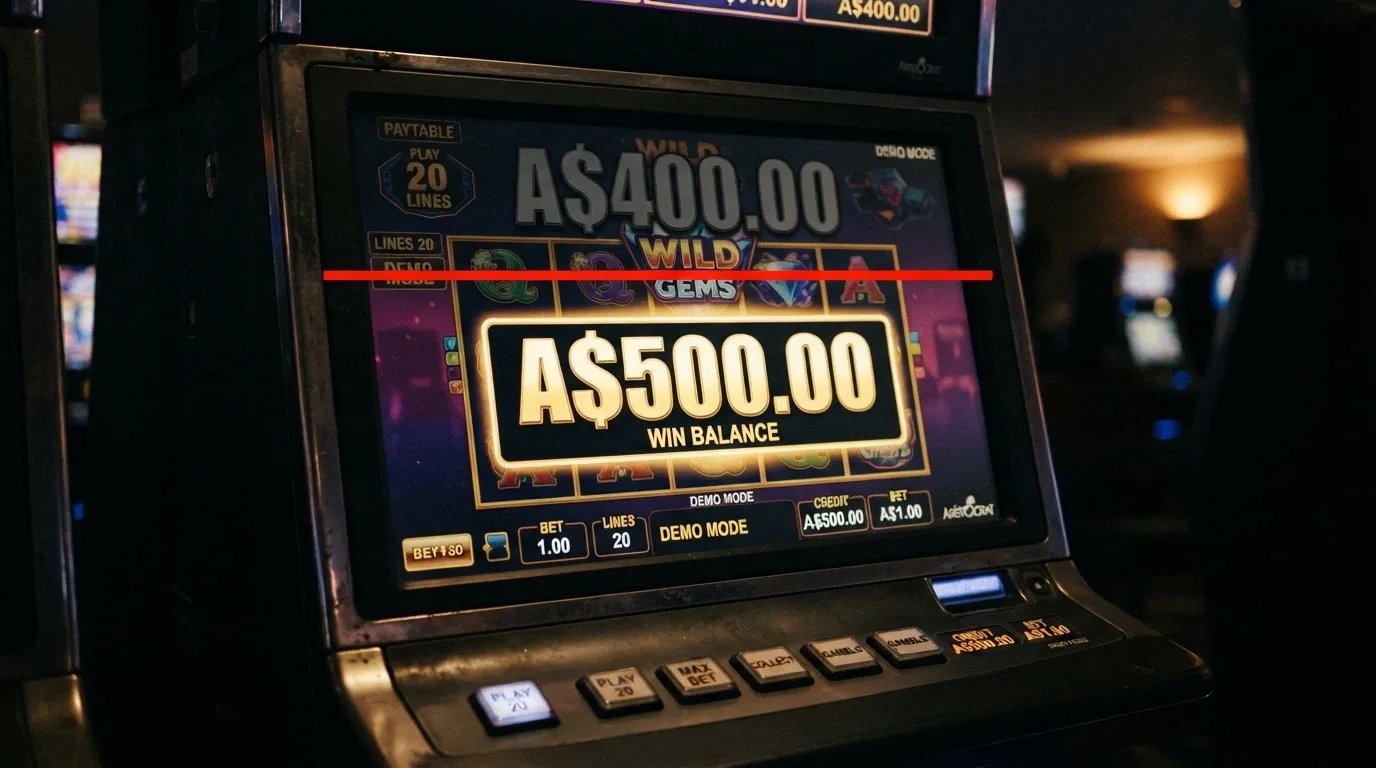 A pokies screen showing a A$500 win balance with a red cap line drawn across it at A$100 and the excess greyed out