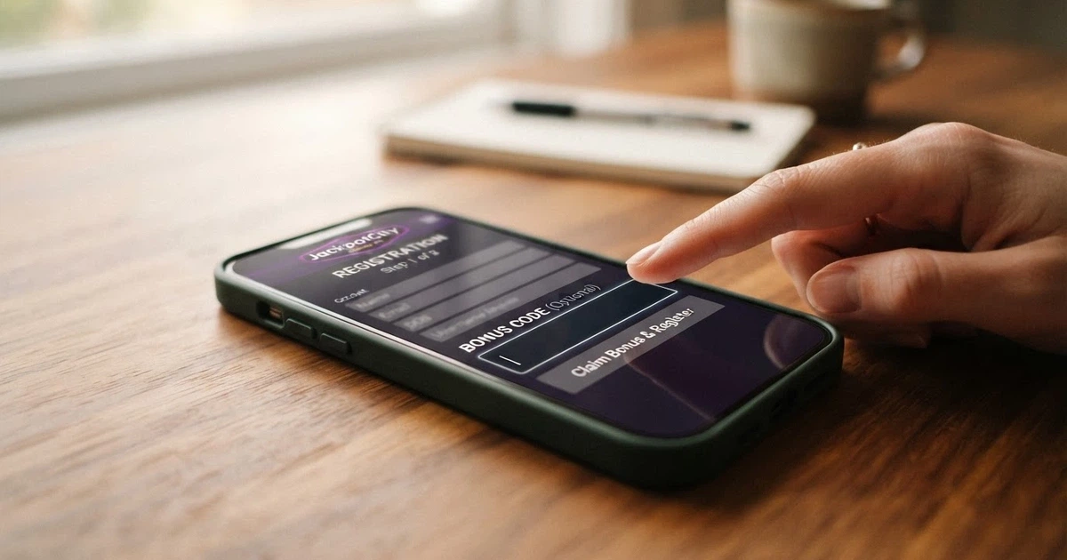 A close-up of a smartphone screen showing an online casino registration form with an empty bonus-code field and a cursor blinking inside it