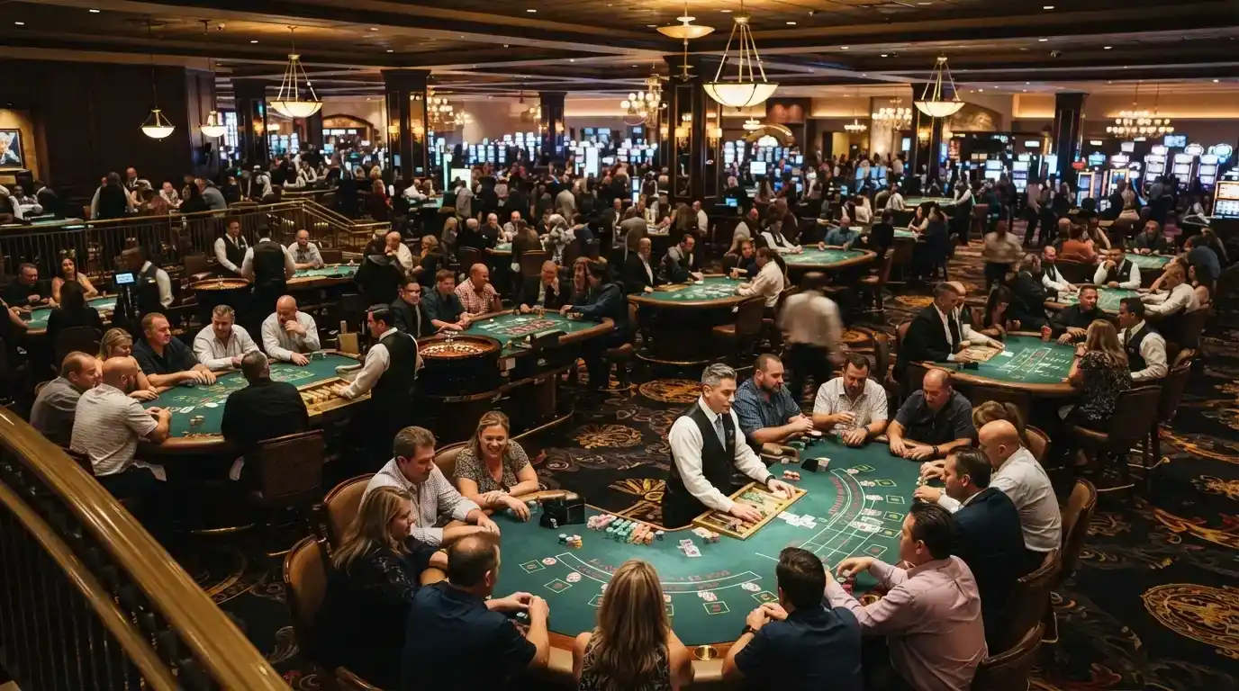 Roulette and blackjack tables spread across the main gaming floor with dealers at each station