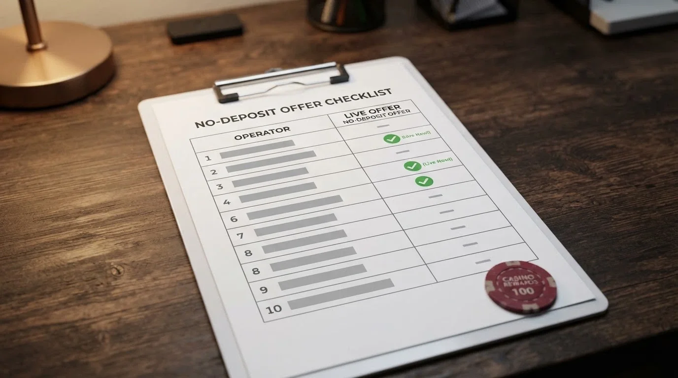 A comparison chart or checklist with operator names down the left side, and only two of ten rows showing a tick or green highlight in the “live no-deposit offer” column