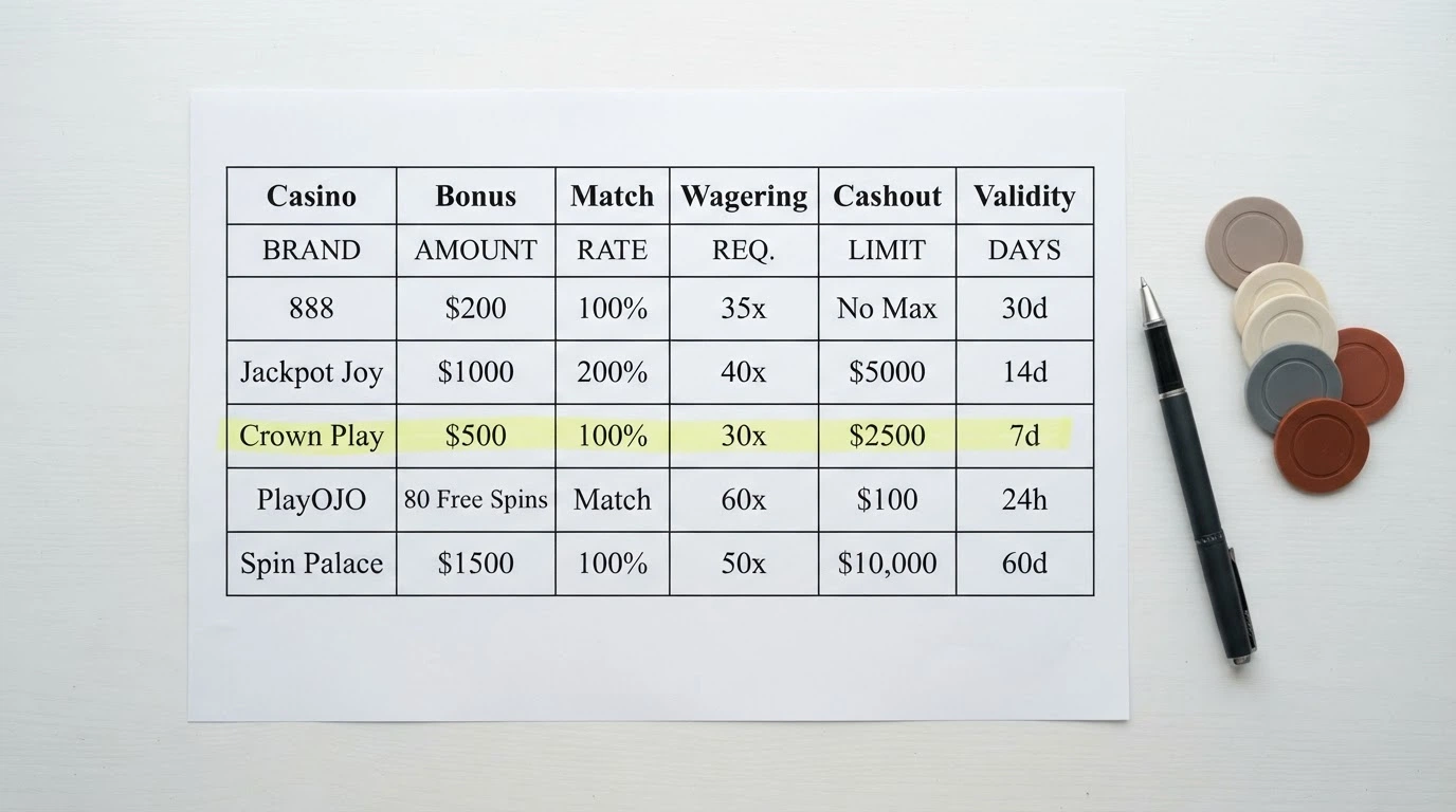 A clean desktop view of a comparison table with casino names in the left column and bonus terms — wagering, cashout cap, validity — in the columns to the right, with a highlighted row