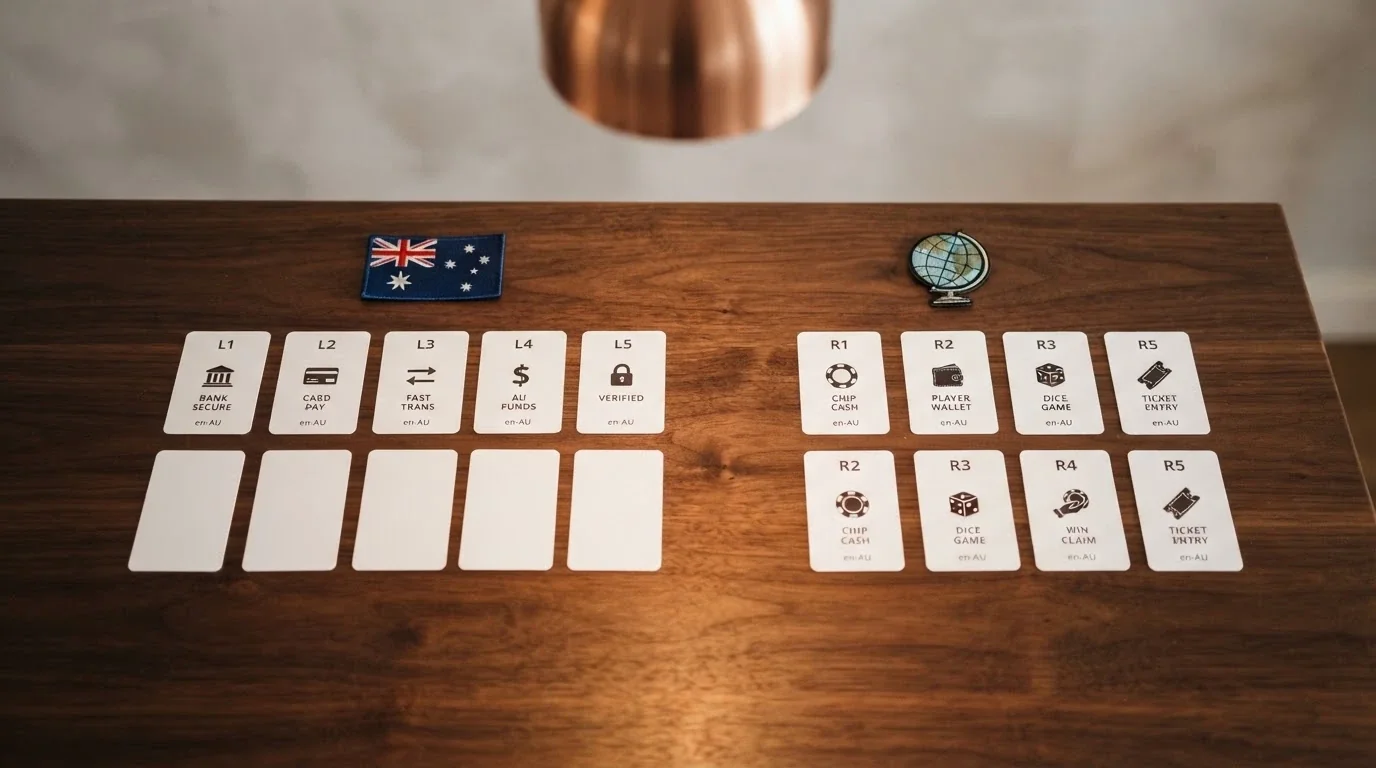 A ranked list of operator cards spread across a table surface, five on the left under an Australian-flag badge and five on the right under a globe badge, each card showing small payment-method icons.