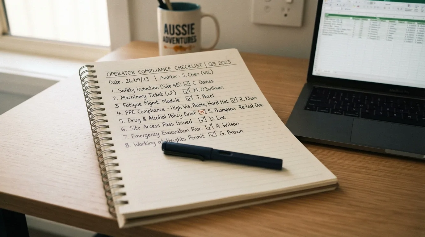 A notepad or screen showing a checklist with items like 'A$10 deposit tested', 'licence verified', 'PayID speed recorded' and 'withdrawal attempted'