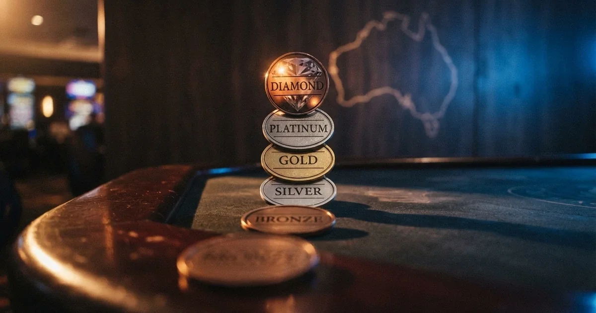A digital illustration of ascending VIP tier badges — bronze, silver, gold, platinum and diamond — stacked on a dark casino-themed background with a subtle AU map outline