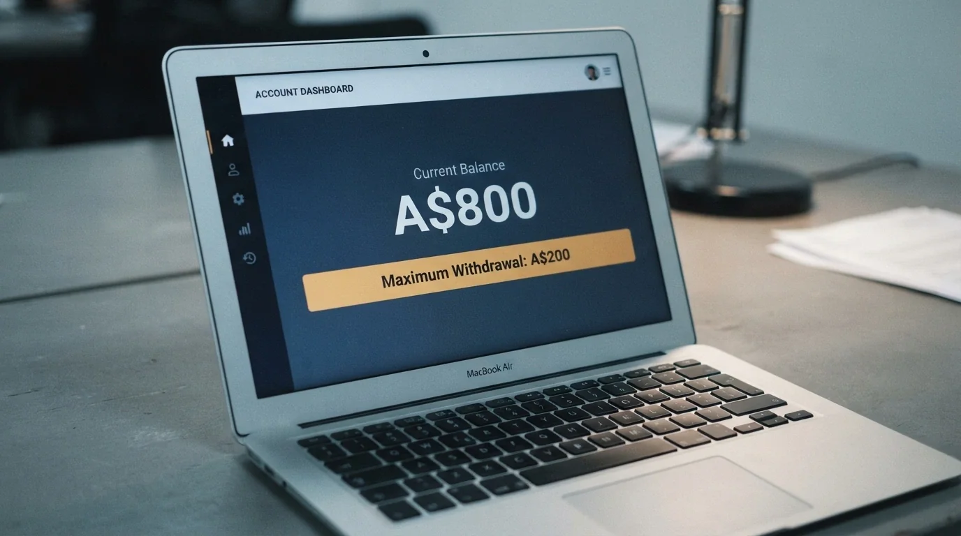A dashboard screen showing an account balance of A$800 with a “Maximum Withdrawal: A$200” notice highlighted