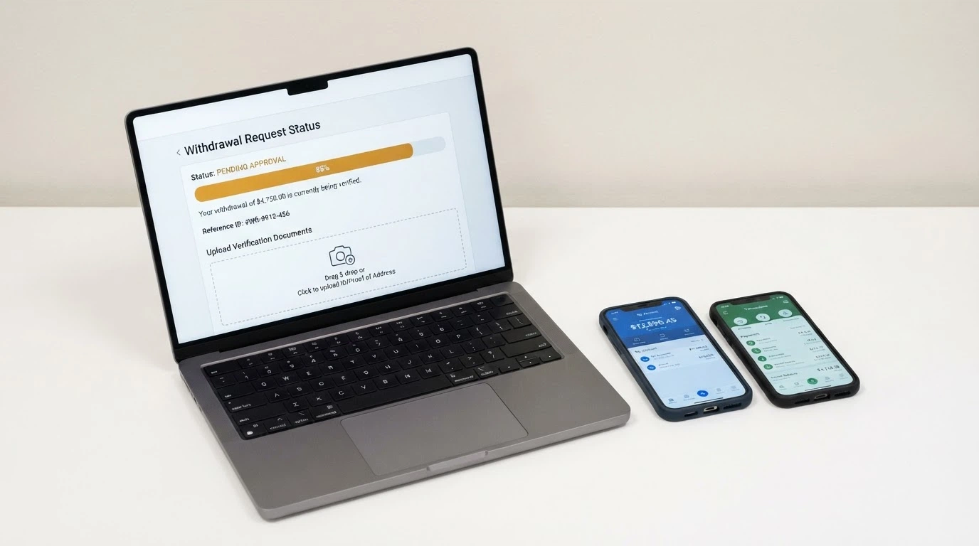 A laptop screen showing a casino withdrawal page with a pending status and document upload fields, next to icons of Australian banking apps