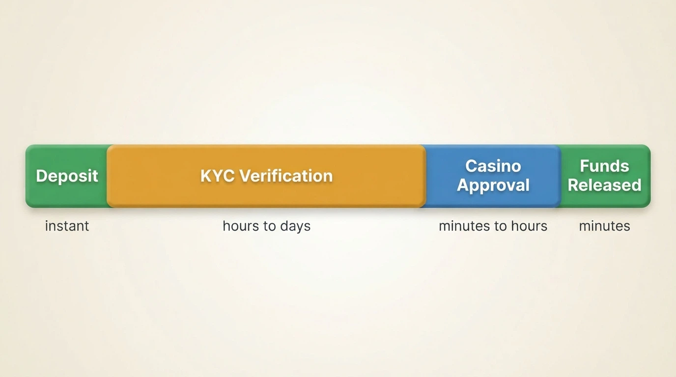 A horizontal timeline bar from deposit to money-in-hand, with KYC verification sitting as the widest segment between casino approval and funds released, and payment-method labels showing their speed floors beneath.