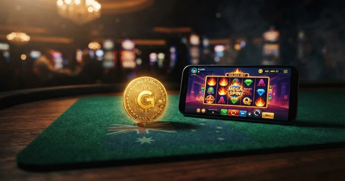 A glowing bitcoin token rests on a green casino-felt tabletop with a smartphone beside it, the phone screen showing a casino lobby — the Australian flag is visible as a subtle watermark
