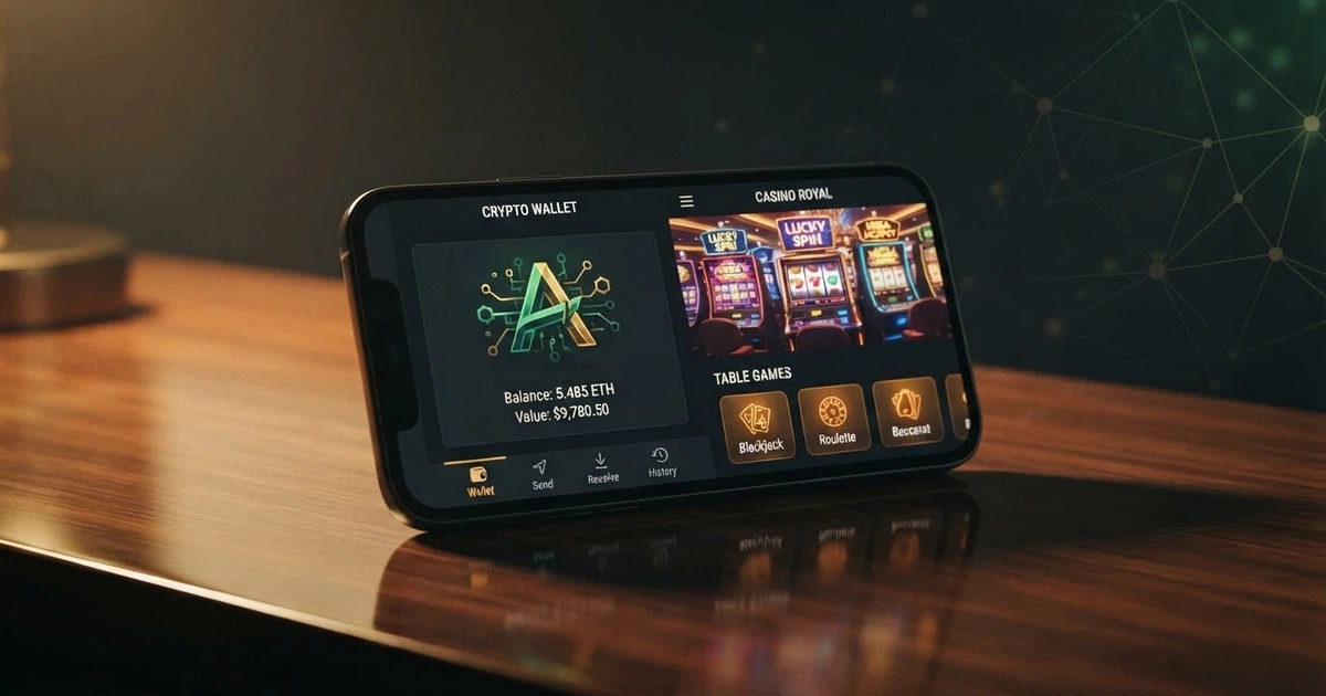 A smartphone displaying a cryptocurrency wallet app with a Bitcoin Cash logo beside a casino lobby screen, set against a dark background with subtle Australian colour accents