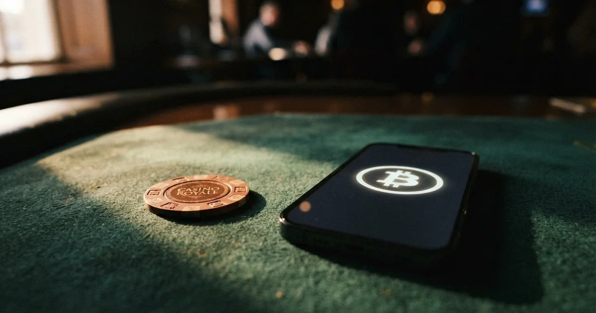 An Ethereum coin and a casino chip side by side on a dark felt table, with a smartphone screen showing a crypto wallet balance in the background